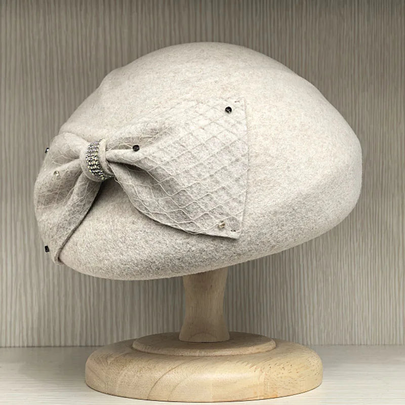 Wool Felt Beret Winter Hats for Women Bow Veil Fascinator Hat Dressy Cocktail Pillbox Hat Wedding Bridal