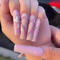 Medium long nails Pink blue heart design square nail tips press on nail