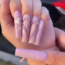 Medium long nails Pink blue heart design square nail tips press on nail