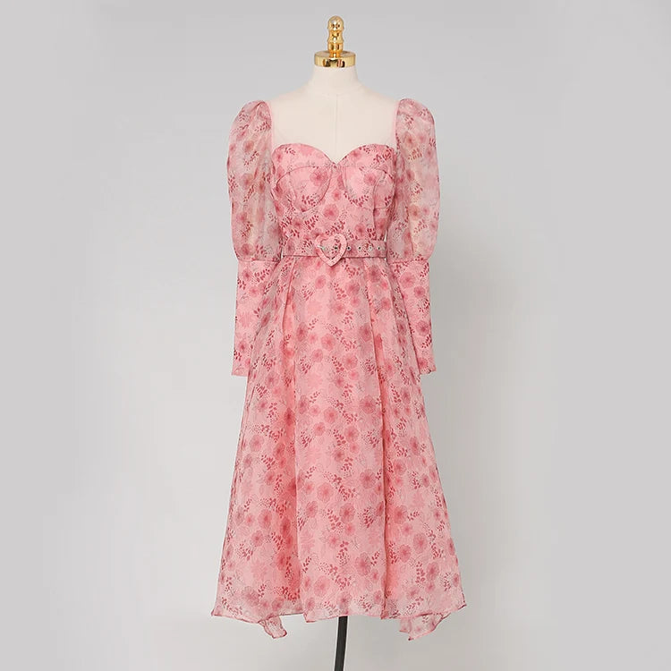 Heart Pink Pink Floral Birthday Party Dresses Long Lantern Sleeve Vintage Princess Tea Dress