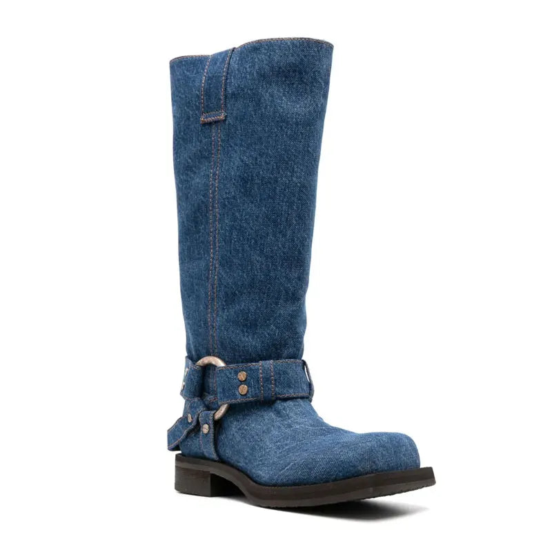 Square Toe Denim Boots For Women Star Style Low Heel Women's Luxury Shoes Boots