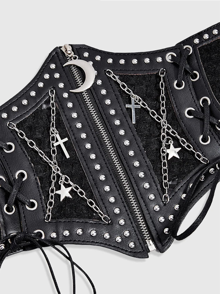 women's black hollow mesh cross chain cross metal accessories decorated with dark punk style waist waistband