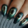 Close-up of nails with green and gold nail polish on a neutral background, Obroi
