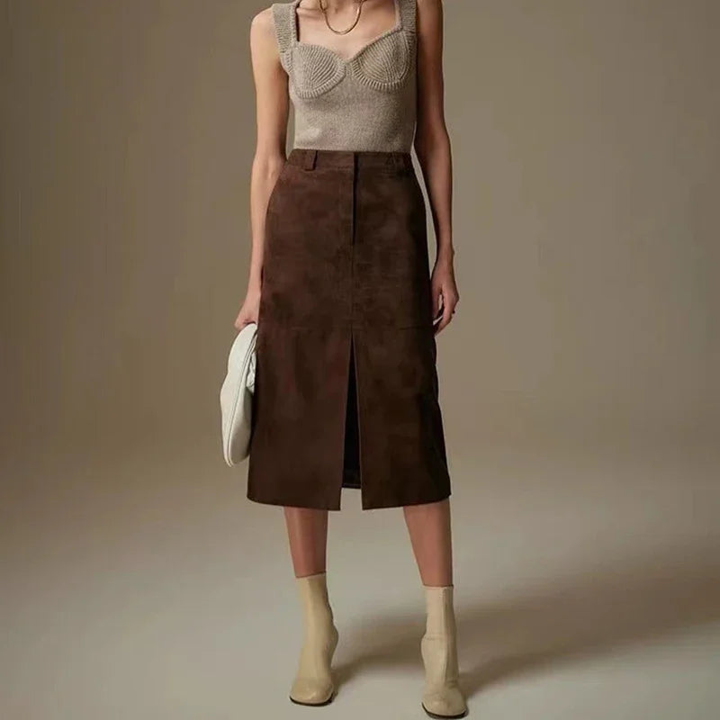 Lady Luxury Leather Skirt Women Skirt Spring Autumn Genuine Midi Dress