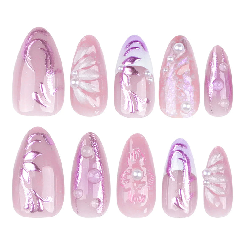 24pcs/1set Glossy Almonds Fake Nails Flower Pattern With Pearl Floral Press On Nails For Women Girls