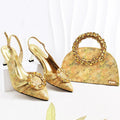 Elegant Olive Color Glitter Rhinestone Ring Handle Evening Clutch And Slingback Heels and Bag Set