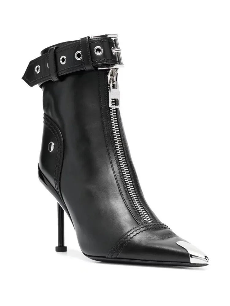 Short Boots Women's Autumn Winter Pointed Metal Decoration Red High Heels Ankle Boots