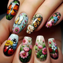 24pcs Blue Gradient Press on Nails Finished Golden Flower Coffin False Nail Tips Long Ballet Fake Nail with Pearl