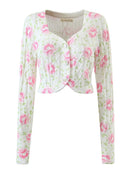 Autumn Sweet Knit Cardigan Women Slim Cute Flower V-Neck Short Sweater Female Cropped Top