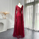 Elegant Burgundy Mermaid Evening Dresses with Long Sleeve Luxury Dubai Crystal Women Wedding Formal Party Gown