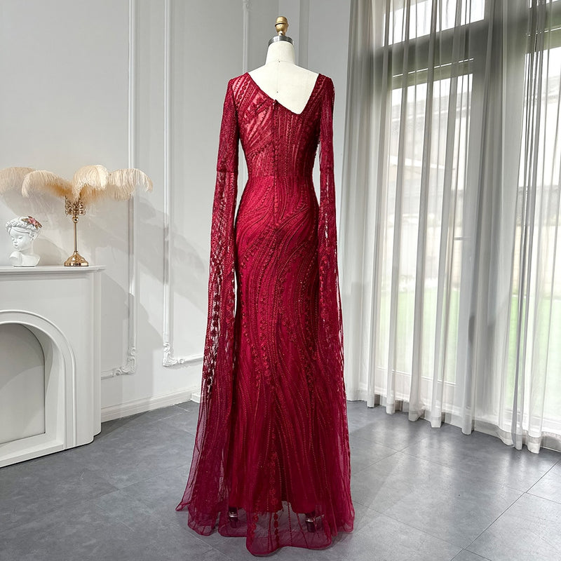 Elegant Burgundy Mermaid Evening Dresses with Long Sleeve Luxury Dubai Crystal Women Wedding Formal Party Gown