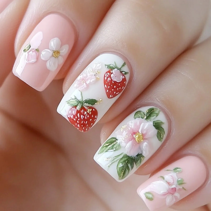 Flower Full Cover Nail with Pearl Design Mid-length Ballet False Nails Press on Square Fake Nail Tip