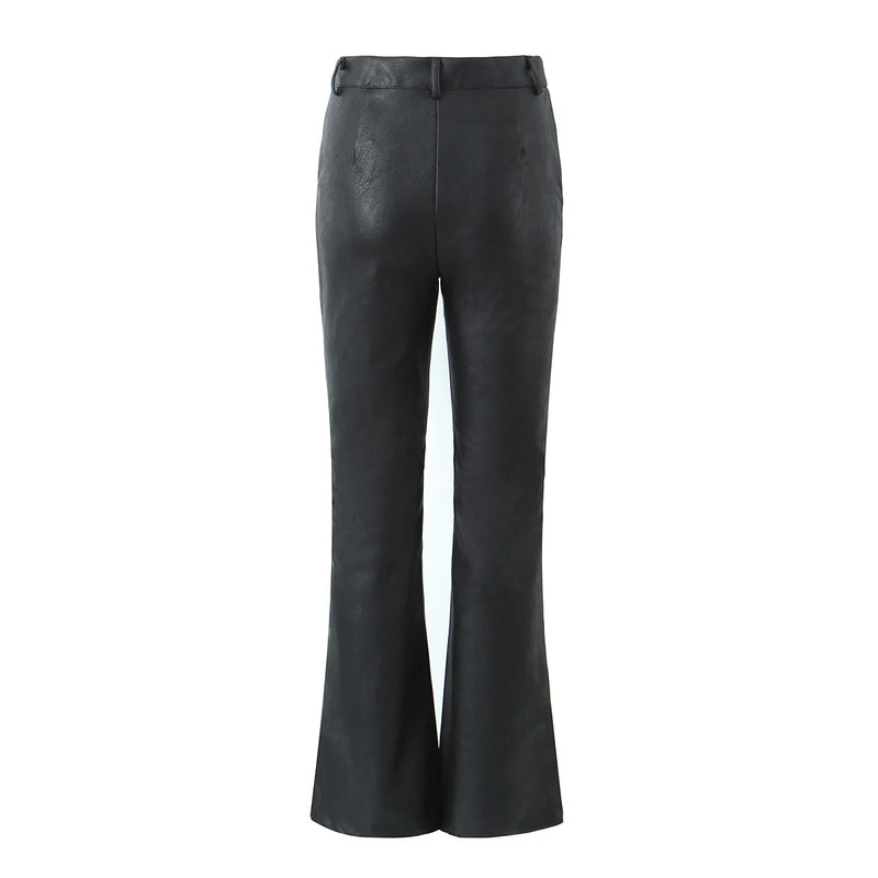 Retro Distressed Brown Leather Flare Pants Woman Middle Waist Loose Long Straight Trousers Casual Bottom Black