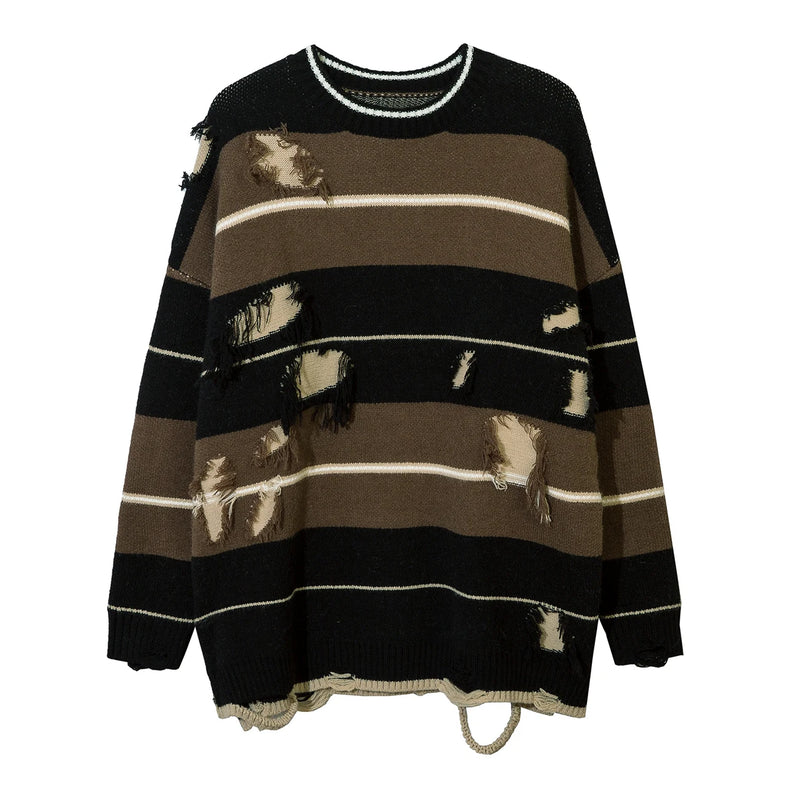 Autumn Streetwear Hollow Out Stripe Hole Knit Sweater Pullover Streetwear Oversize Loose Knit Sweater Top