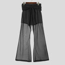 Men Casual Long Pants Streamers Belt Mesh Splicing Trousers Male Wide Leg Bottoms Simple See Through Pants