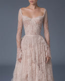 Elegant lace dress with long sleeves on a plain background, Obroi