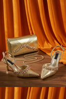 Inspired Gold Rhinestone Pointed Toe Women Shoes and bag Set Elegant Shoes