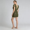 Women's Olive Green Beaded Tulle Mini Dress Deep V Back Ruched Puff Sleeve Party Cocktail Dress