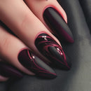 Almond shape autumn and winter black matte texture simple crimson lines fake nails