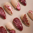 24Pcs Retro Red Nails Patches Metal Bow Press on Nails Sets Golden Lines Plaid Tips Full Cover Almond
