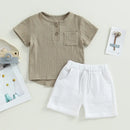 Toddler Infant Baby Boy Girl Summer Clothes Solid Cotton Linen Short Sleeve Button Up T-Shirt Elastic Shorts Set 2Pcs Outfits