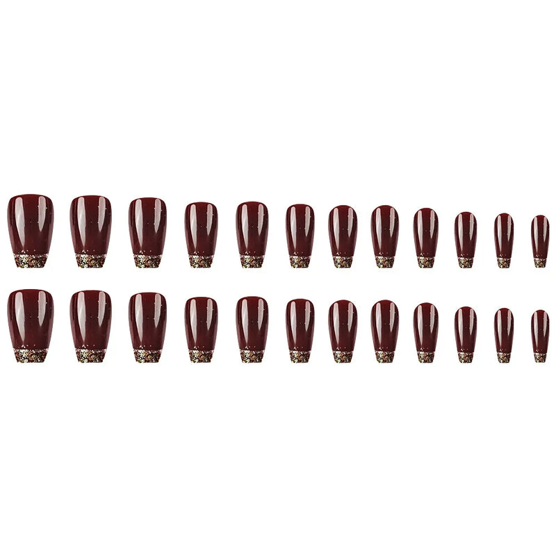24Pcs Glitter French False Nails Wearable Red Ballet Fake Nails Retro Simple Full Over Press on Nails with Jelly Glue Detachable