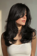 Black straight hair extension wig piece shown on a model with long wavy black hair, plus two close-up product views on the right showing the hair texture and part attachment, Obroi
