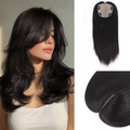 Black straight hair extension cap and center part detail shown on a model with long wavy black hair, alongside close-up views of the hairpiece underside and center part, Obroi