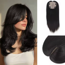 Black straight hair extension cap and center part detail shown on a model with long wavy black hair, alongside close-up views of the hairpiece underside and center part, Obroi