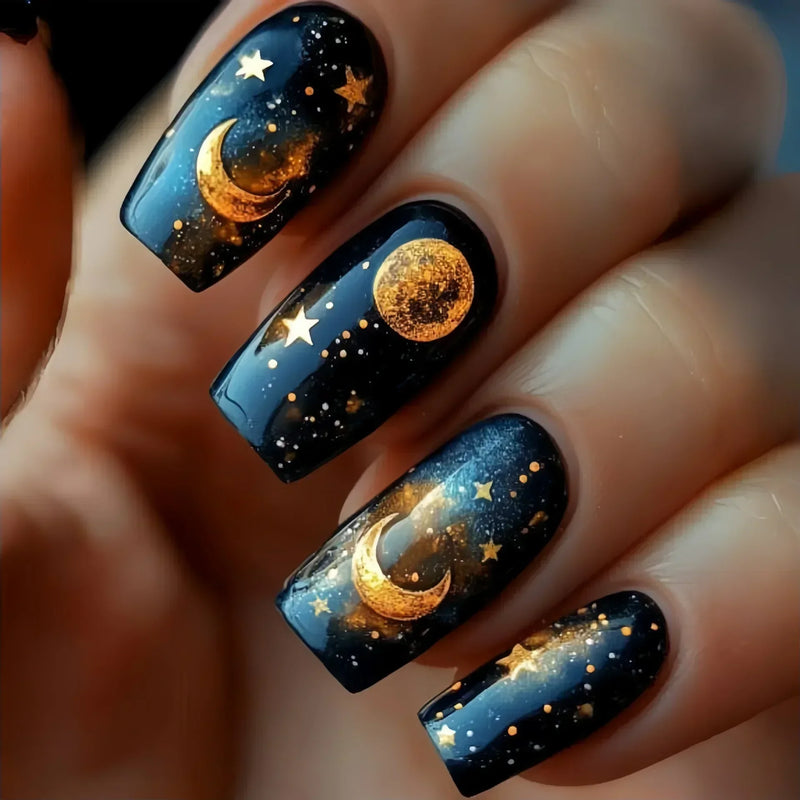 24pcs Retro Dreamy Fake Nails Moon Star Acrylic Press on Nails Vivid Fish Gel on Nail Sweet Cool Flower False Nails Short Square