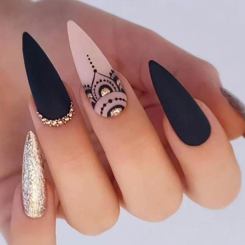 24Pcs Nude Pink Almond False Nails Glitter Powder Designs Fake Nail Long Stiletto Nails Set Artificial Wearable Press on Nails