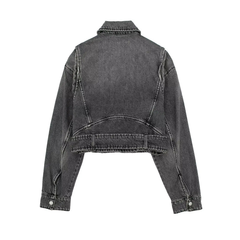 Cropped Locomotive style denim Jacket Coat Vintage Long Sleeve Female Outerwear Chic Overshirt