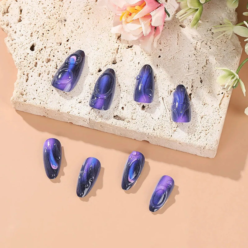 24pcs Purple Aurora Fake Nails Press On Acyrlic Nails Long Almond Glitter Nails Wearable Water Drops False Nails Decor