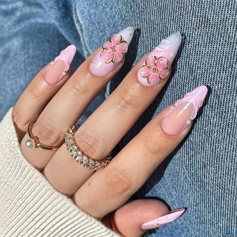 Handmade Manicure Almond Fake Nails Cute Flower Limited Press On Nails Design with Adhesive Nail File Set