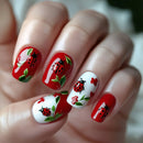 Nails Set Press on Pastoral Short Ballet Nails Strawberry Art Flower Decor Square Manicure
