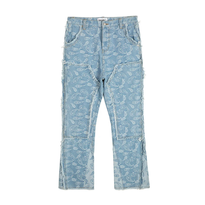 Frayed Urban Flower Full Patchwork Baggy Flare Jeans for Men Straight Oversize Denim Trousers