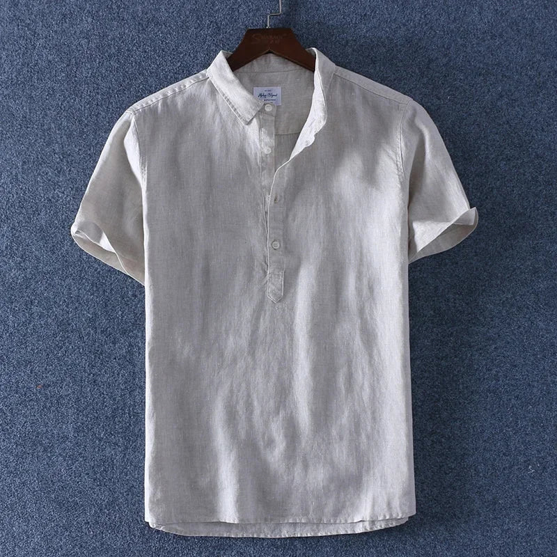 Linen Summer Casual Shirt Men Breathable Turn-down Collar Short Sleeved Pullover Shirt Comfortable