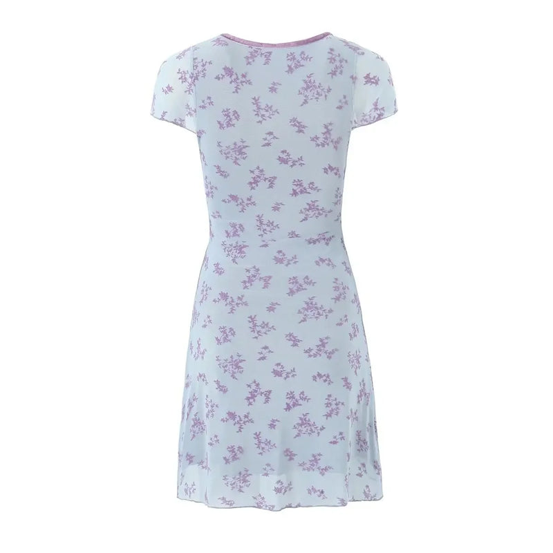 Deep Floral Mini Dress with Bow Tie Slimming Mesh a Line Skirt Casual Women's Clothing Spring Autumn