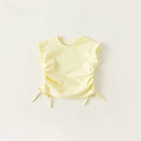 Yellow sleeveless top with ruffled sleeves on a light gray background, Obroi
