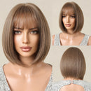 Light Brown Short Straight Bob Wig Ombre Middle Length Wigs with Bangs Natural