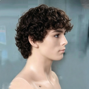 Short curly dark brown wig on a mannequin head and shoulders against a soft gray-blue background, Obroi