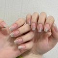 24Pcs Medium Coffin Press on Nails Simple Ballet Nails Glitter Diamond Stick on Nails French Ombre Nail Art