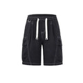 Black cargo shorts with white drawstring on a white background, Obroi