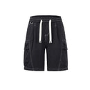 Black cargo shorts with white drawstring on a white background, Obroi