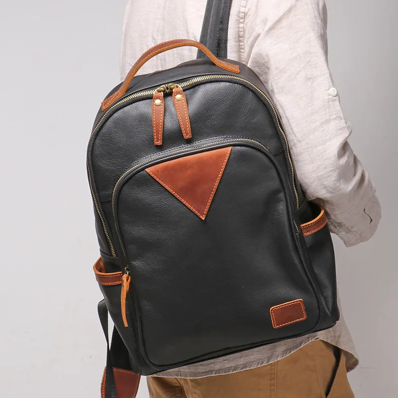 Genuine Leather Men's Bag Leather Backpack Large Capacity Computer Bag Personalized Contrast Travel Bag