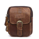 Brown leather crossbody bag with a buckle on a white background, Obroi