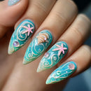 24pcs Starfish Seashell Patterns Press On Nails Summer Ocean Series Blue Long Stiletto False Nails Fresh Seascape Nail