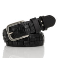 Black woven belt with silver buckle on a white background, Obroi