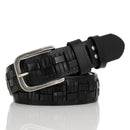 Black woven belt with silver buckle on a white background, Obroi