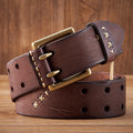 Brown leather belt with gold buckle on a wooden surface, Obroi